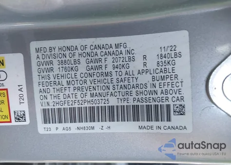 2023 Honda Civic Sport из США, поврежденный, VIN 2HGFE2F52PH503725